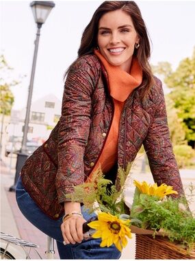 Talbots Quilted Paisley Puffer Jacket - Burgundy with Teal Accents